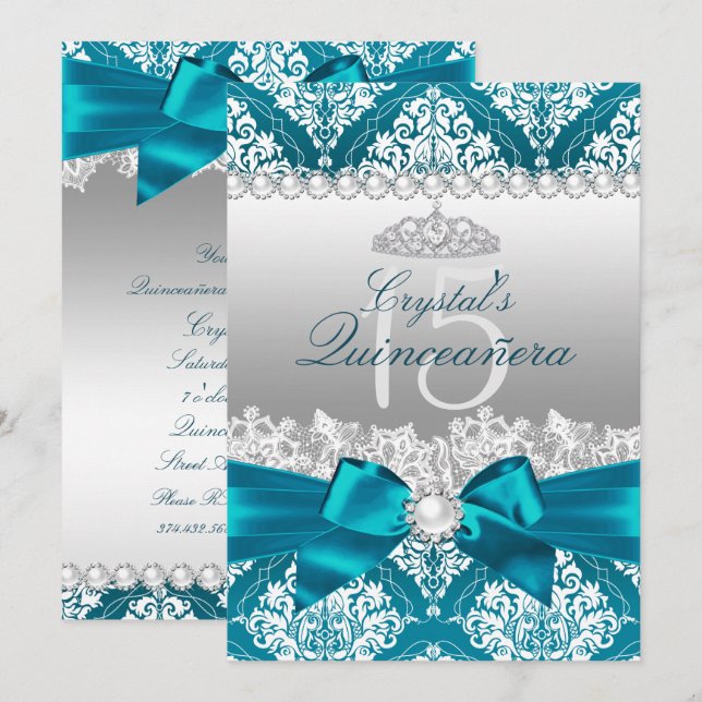 Turkos Damask Pärlbåge Quinceanera Inbjudan (Fram/baksida)