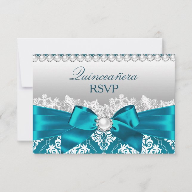 Turkos Damast Pärlbåge Quinceanera RSVP OSA Kort (Framsida)