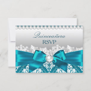 Turkos Damast Pärlbåge Quinceanera RSVP OSA Kort
