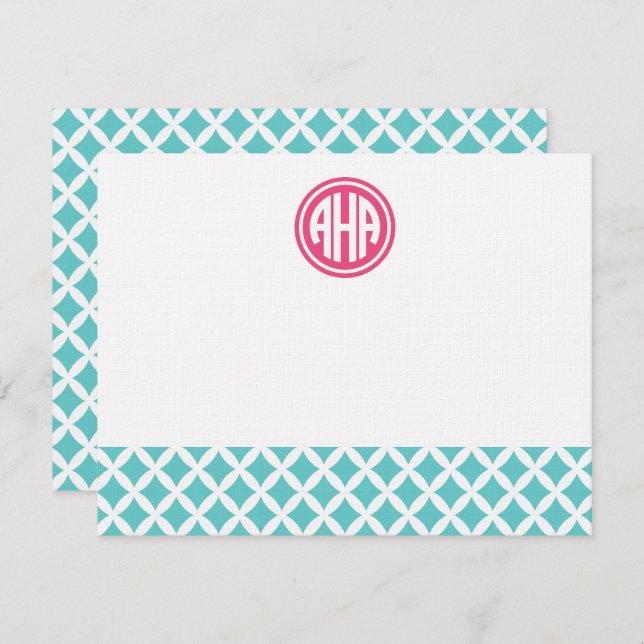 Turkos Diamonds Circle Monogram Stationery Anteckningskort (Fram/baksida)