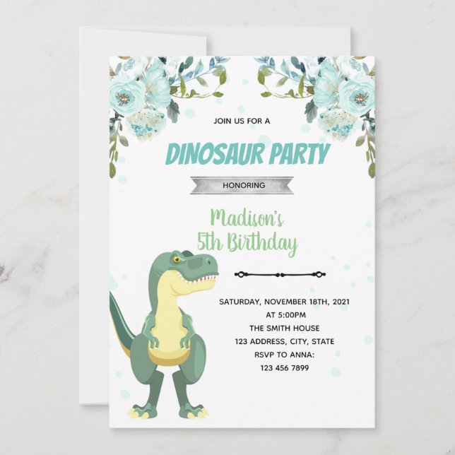 Turkos Dinosaur baby shower inbjudan (Framsida)