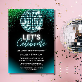 Turkos Disco Glitter Låt Oss Fira Födelsedag Inbjudningar
