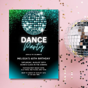 Turkos Diskoboll Glitter Dansfest Födelsedag Inbjudningar