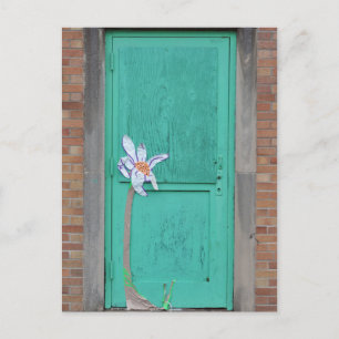 Turkos-dörr med papper blomma vykort