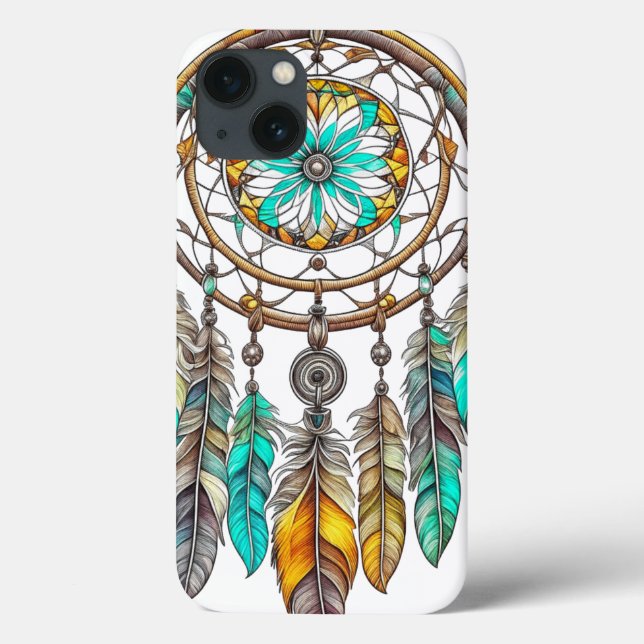 Turkos Drömfångare Mystisk Boho Fjädrar och Pärlor (Baksida)