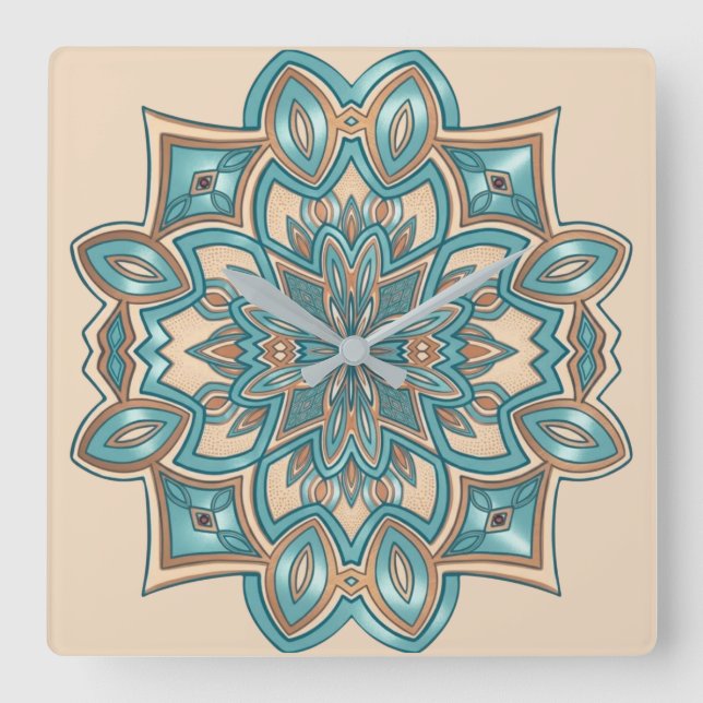 Turkos Elegans Mandala Fyrkantig Klocka (Framsida)