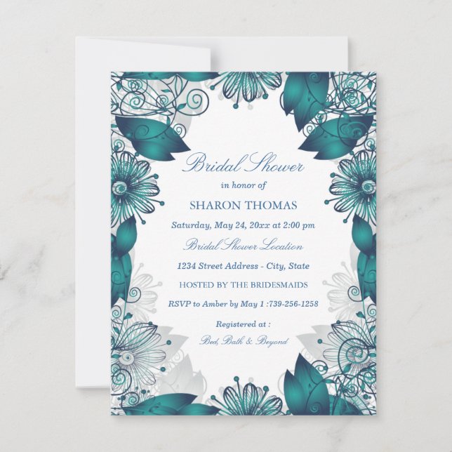 Turkos Elegant Blommig | Bröllopsfestinladning Inbjudningar (Framsida)