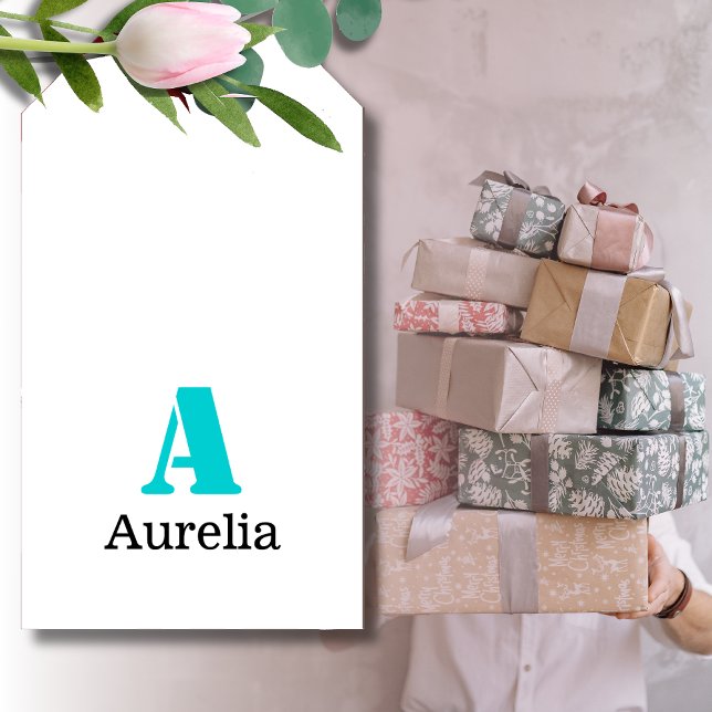 Turkos Elegant Initial Svart Namn | Modern  Presentetikett (Skapare uppladdad)