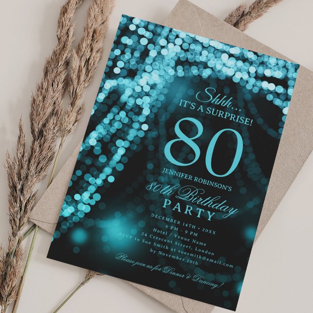 Turkos | Elegant Överraskning 80-årsfirande  Inbjudningar (Turquoise | Elegant Surprise 80th Birthday Party Invitation)