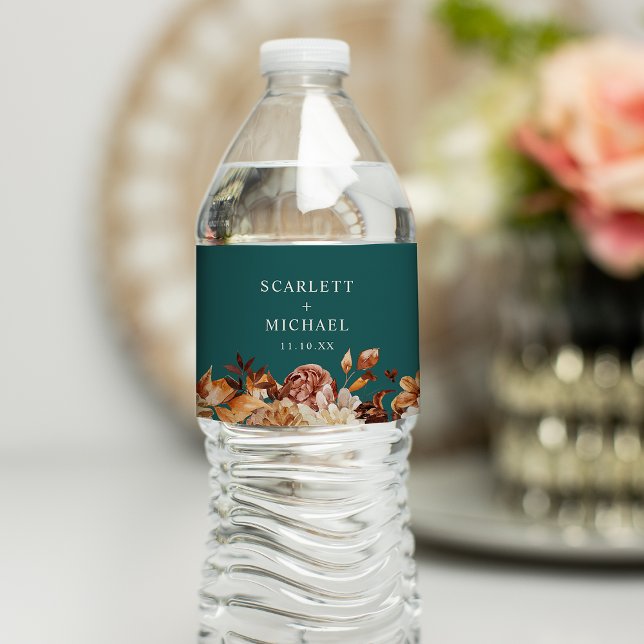 Turkos Fall Vattenflasketikett Vattenflaskor Etikett (Teal Fall Floral Water Bottle Label by Painted Paperie
)