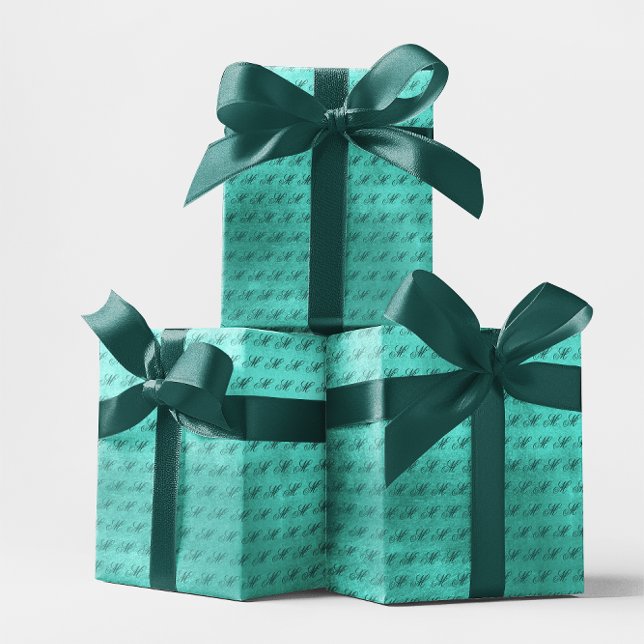 Turkos Fancy Monogram Blank Glänsande Turkos Falsk Presentpapper (Teal Fancy Monogram Shiny Turquoise Faux Foil Wrapping Paper)