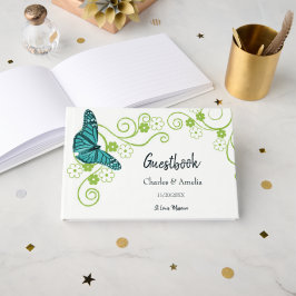 Turkos Fjäril Blommig Bröllopsdag Gästbok