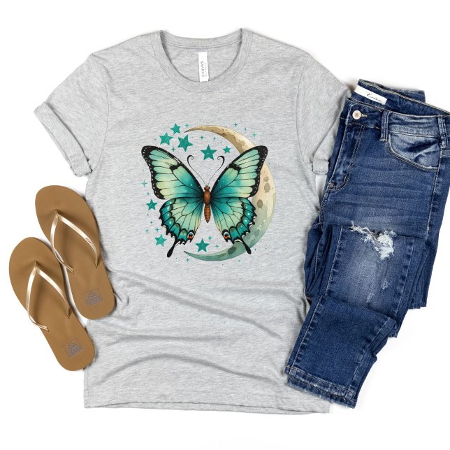 Turkos Fjäril Stjärnor Celestial Halvmåne Boho T Shirt (Teal butterfly stars crescent moon boho celestial T-shirt for her)