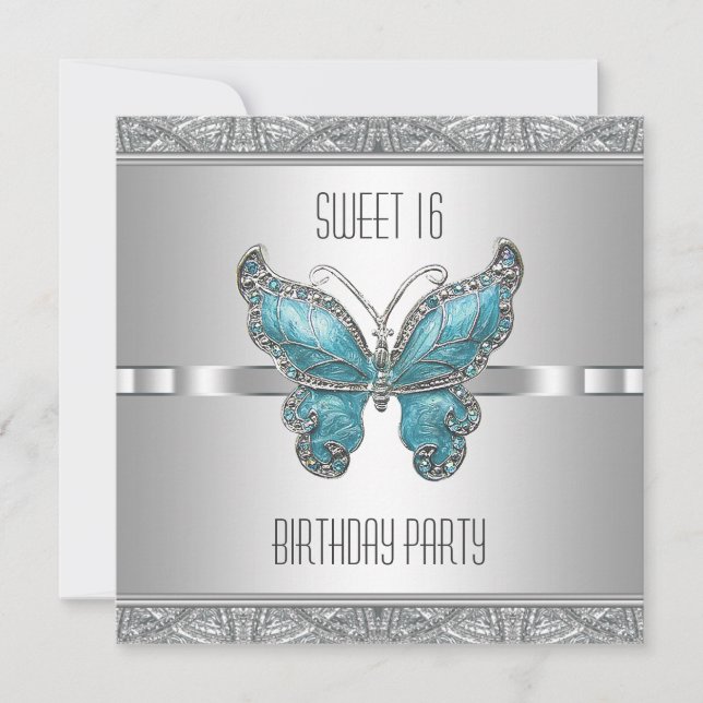 Turkos Fjäril Sweet 16 Födelsedagsfest Inbjudningar (Framsida)