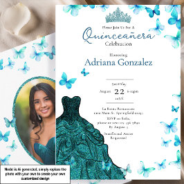 Turkos fjärilar klänning tiara foto Quinceanera Inbjudningar