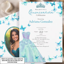 Turkos fjärilar klänning tiara foto Quinceanera
