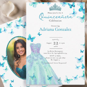 Turkos fjärilar klänning tiara foto Quinceanera Inbjudningar