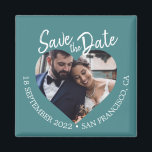 Turkos Foto Modern Skrift Spara Datumet Magnet<br><div class="desc">Turkos foto modern script spara datum magnet med ett hjärtformat fotofönster, djupt turkos bakgrund och handskrivna texten i vitt. Denna design framhäver ditt förlovningsfoto medan den tydligt presenterar datum och plats för vigseln i en djärv men raffinerad färgpalett som passar både moderna och klassiska firanden. Perfekt för bröllop, destinationsevenemang, förnyelse...</div>