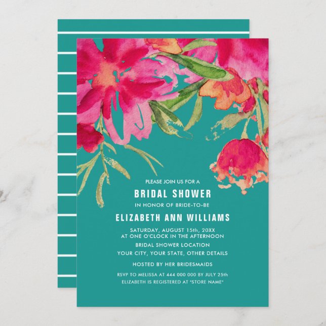 Turkos| Fuchsia Watercolor Blommigt Möhippa Inbjudningar (Fram/baksida)