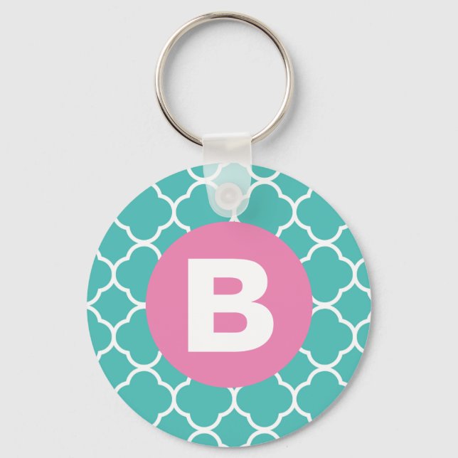Turkos Fyrflikigt Mönster Anpassad Rosa Monogram Nyckelring (Framsida)