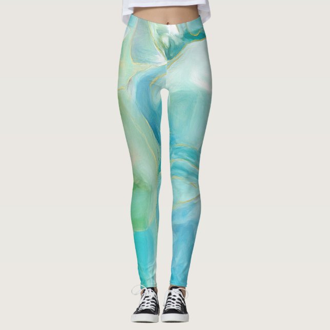 Turkos Geometric Gemstone Watercolor Leggings (Framsida)