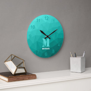 Turkos Geometric Mesh Mönster Monogram Stor Klocka