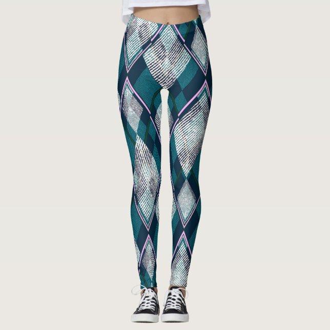 Turkos Geometric Rhombi Seamless Mönster Leggings (Framsida)