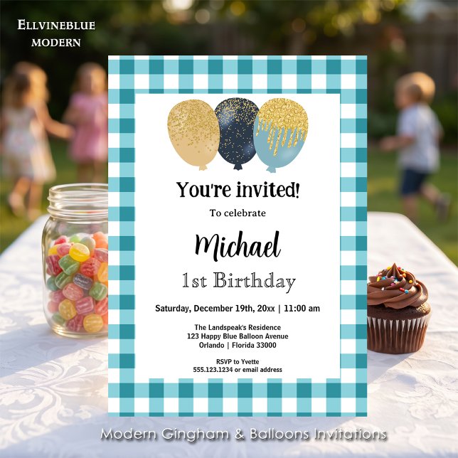 Turkos Gingham, Födelsedagsballonger 1-årsdag Inbjudningar (Teal Blue gingham balloon invitations! For 1st Birthday or any birthday. Size 5” x 7”.)