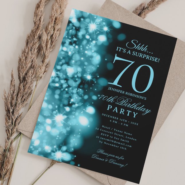 Turkos Glam Överraskning 70-årsfest Inbjudningar (Turquoise Glam Surprise 70th Birthday Party Invitation)