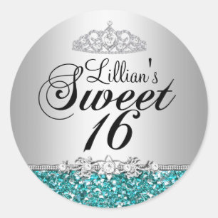 Turkos Glitter & Diamant Tiara Sweet 16 Klistermär Runt Klistermärke