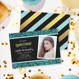 Turkos glitter fototill Quinceanera-inbjudan Inbjudningar