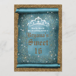 Turkos Glitter & Guld Diamant Tiara Rullande Party Inbjudningar