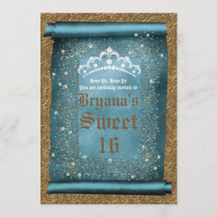 Turkos Glitter & Guld Diamant Tiara Rullande Party Inbjudningar