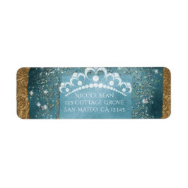 Turkos Glitter & Guld Diamant Tiara Rullande Party Returadress Etikett