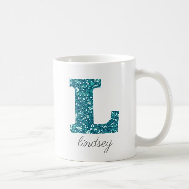 Turkos Glitter Monogram L Personlig Mugg (Höger)