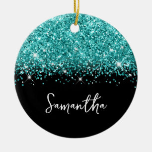 Turkos glitter och svart glam namn foto julgransprydnad keramik