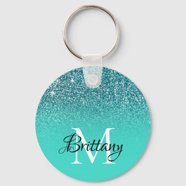 Turkos Glitter Ombre Monogram Nyckelring (Framsida)