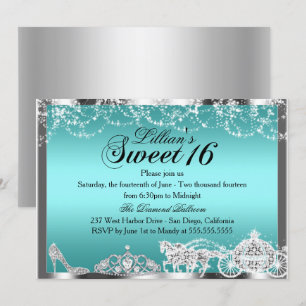 Turkos Glitter Prinsess Tema Söt 16 Inbjudan