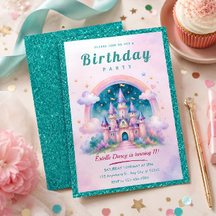 Turkos glitter prinsesslott födelsedagsfest inbjudningar