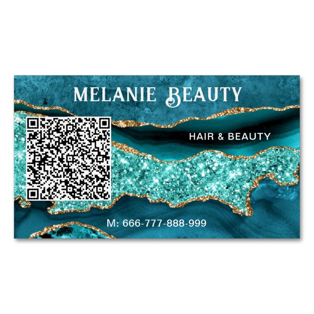 Turkos Glitter QR-kod Affärs-kort Magnet (Framsida)