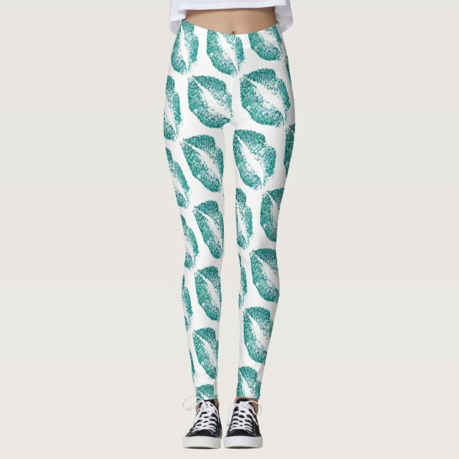 Turkos Glitterläppar Modern Vit Leggings (Framsida)