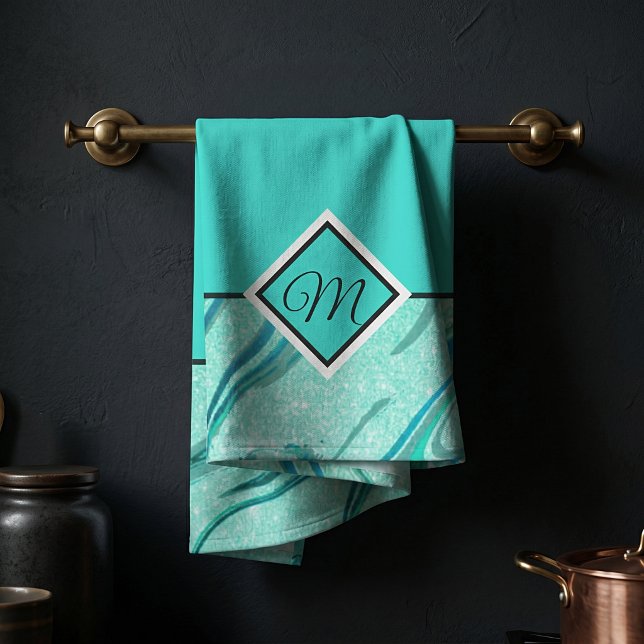 Turkos glittermarmor-monogram kökshandduk (Skapare uppladdad)