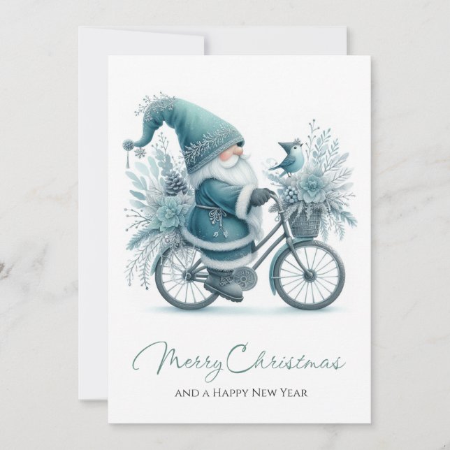 Turkos Gnome & Vintercykelglädje Julkort (Framsida)