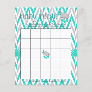 Turkos & Grå Elefant Baby Shower - Bingo Flygblad