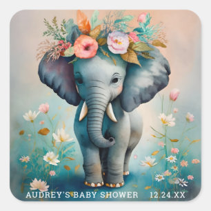 Turkos Grå Elefant Baby Shower-dekaler Fyrkantigt Klistermärke