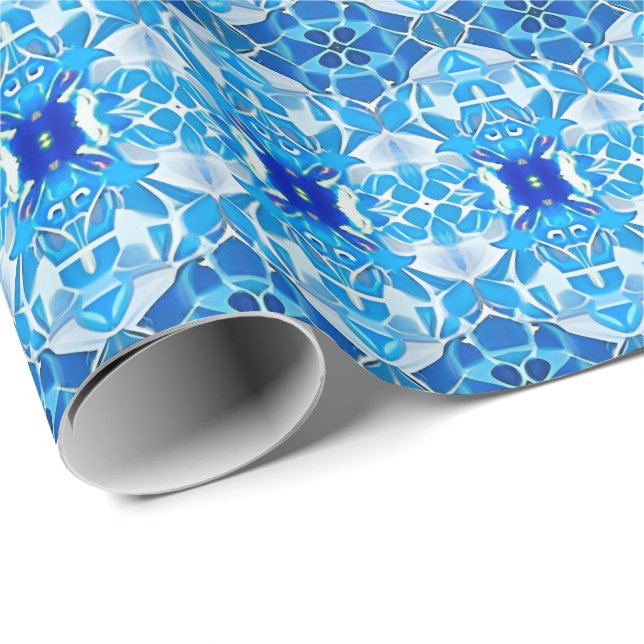 Turkos, Grått och koboltblått Tile Mönster Presentpapper (Rullad Hörn)