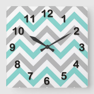 Turkos, Grått, Wht Large Chevron ZigZag Mönster Fyrkantig Klocka