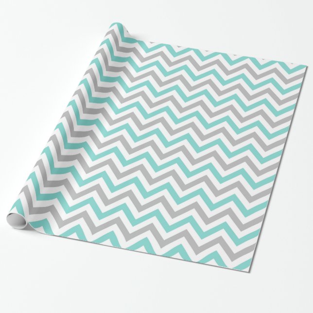 Turkos, Grått, Wht Large Chevron ZigZag Mönster Presentpapper (Utrullad)