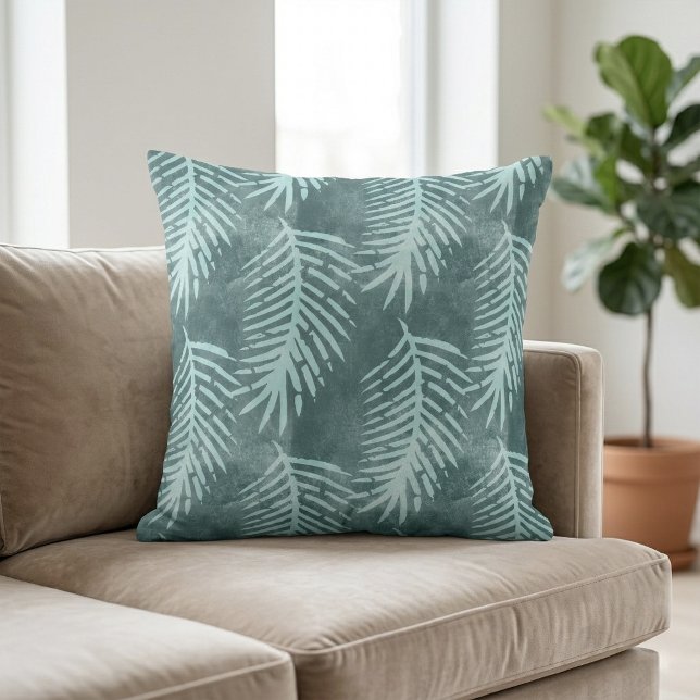 Turkos Grön Akvarell Tropisk Blad Kudde (Teal Green Watercolor Tropical Leaf Throw Pillow)