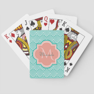 Turkos Grön Art Deco Fiskfjäll Rosa Monogram Namn Kortlek